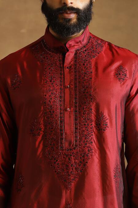 Shop_Raghavendra Rathore Jodhpur_Maroon Silk Floral Pattern Embroidered Kurta _Online_at_Aza_Fashions