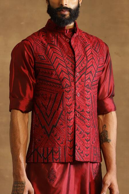 Raghavendra Rathore Jodhpur_Maroon Raw Silk Geometric Pattern Bandhgala Waistcoat _Online_at_Aza_Fashions