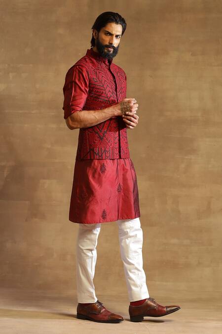 Buy_Raghavendra Rathore Jodhpur_Maroon Raw Silk Geometric Pattern Bandhgala Waistcoat _Online_at_Aza_Fashions