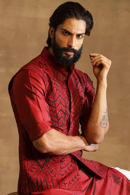 Shop_Raghavendra Rathore Jodhpur_Maroon Raw Silk Geometric Pattern Bandhgala Waistcoat _Online_at_Aza_Fashions