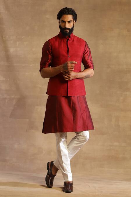 Raghavendra Rathore Jodhpur_Maroon Raw Silk Stitch Line Textured Waistcoat_Online_at_Aza_Fashions