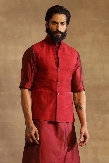 Buy_Raghavendra Rathore Jodhpur_Maroon Raw Silk Stitch Line Textured Waistcoat_Online_at_Aza_Fashions