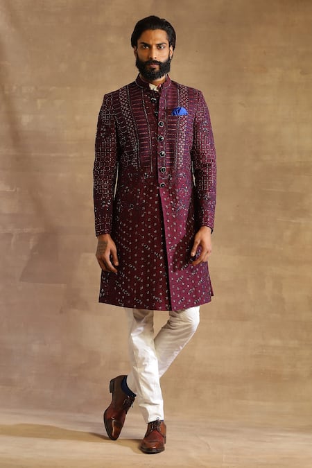 Raghavendra Rathore Jodhpur_Purple Raw Silk Embroidered Achkan Kurta _Online_at_Aza_Fashions