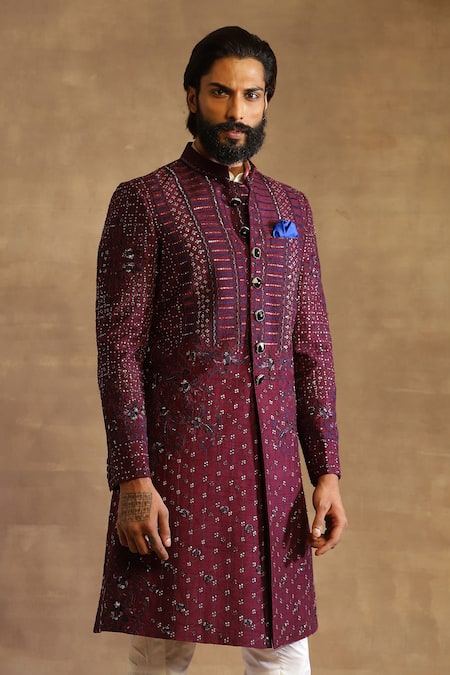 Buy_Raghavendra Rathore Jodhpur_Purple Raw Silk Embroidered Achkan Kurta _Online_at_Aza_Fashions