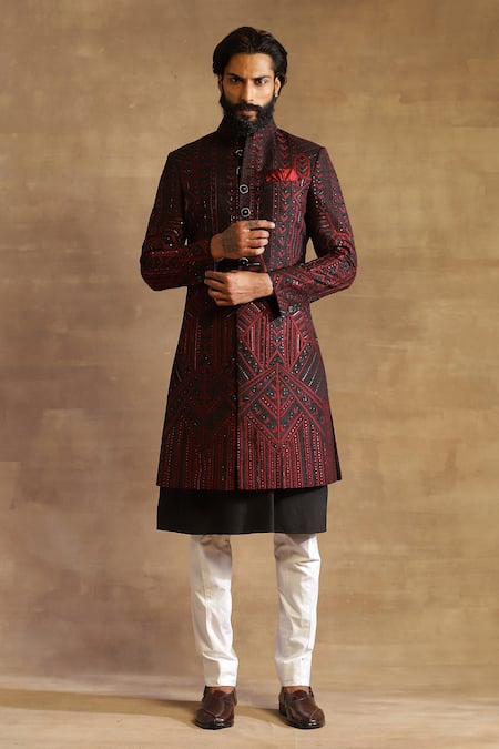 Raghavendra Rathore Jodhpur Maroon Raw Silk Geometric Pattern Achkan Online at Aza Fashions Raghavendra Rathore Jodhpur_Maroon Raw Silk Geometric Pattern Achkan _Online_at_Aza_Fashions