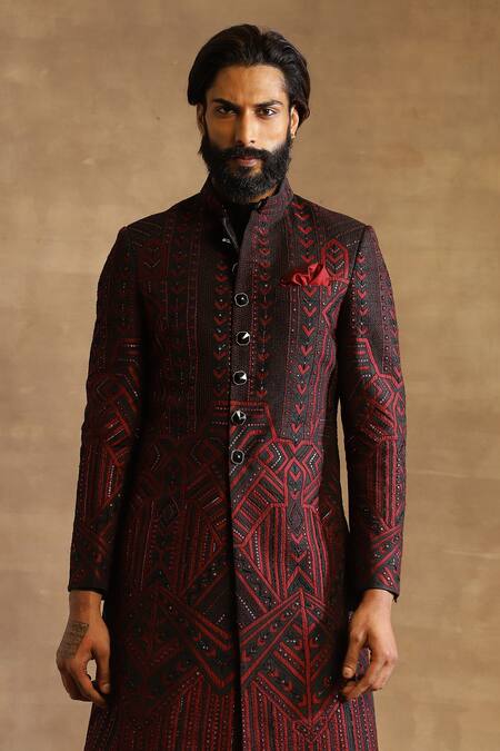 Buy Raghavendra Rathore Jodhpur Maroon Raw Silk Geometric Pattern Achkan Online at Aza Fashions Buy_Raghavendra Rathore Jodhpur_Maroon Raw Silk Geometric Pattern Achkan _Online_at_Aza_Fashions