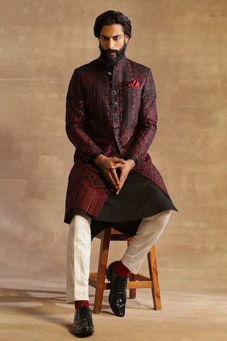 Shop Raghavendra Rathore Jodhpur Maroon Raw Silk Geometric Pattern Achkan Online at Aza Fashions Shop_Raghavendra Rathore Jodhpur_Maroon Raw Silk Geometric Pattern Achkan _Online_at_Aza_Fashions