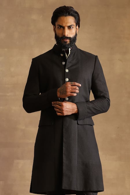 Raghavendra Rathore Jodhpur Black Silk Stitch Line Slim Fit Achkan Online at Aza Fashions Raghavendra Rathore Jodhpur_Black Silk Stitch Line Slim Fit Achkan _Online_at_Aza_Fashions