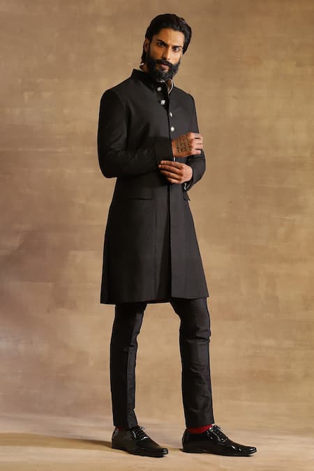 Buy Raghavendra Rathore Jodhpur Black Silk Stitch Line Slim Fit Achkan Online at Aza Fashions Buy_Raghavendra Rathore Jodhpur_Black Silk Stitch Line Slim Fit Achkan _Online_at_Aza_Fashions