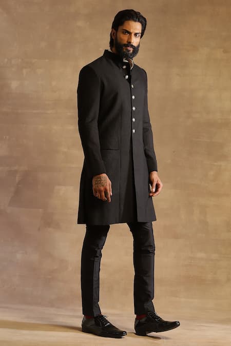 Shop Raghavendra Rathore Jodhpur Black Silk Stitch Line Slim Fit Achkan Online at Aza Fashions Shop_Raghavendra Rathore Jodhpur_Black Silk Stitch Line Slim Fit Achkan _Online_at_Aza_Fashions