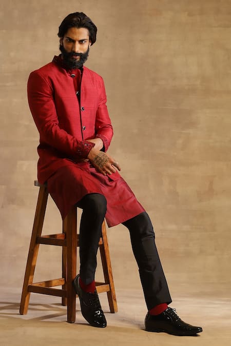 Buy_Raghavendra Rathore Jodhpur_Maroon Raw Silk Embroidered Floral Pattern Bandhgala Jacket _Online_at_Aza_Fashions