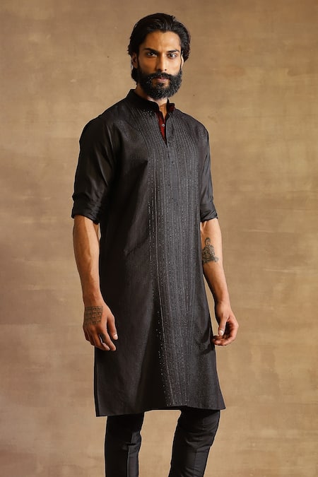 Buy_Raghavendra Rathore Jodhpur_Black Silk Stitch Line Embroidered Kurta_Online_at_Aza_Fashions