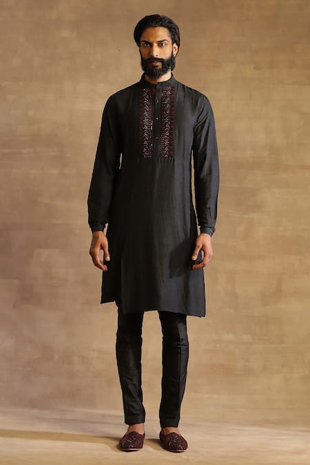 Raghavendra Rathore Jodhpur_Black Raw Silk Embellished Yoke Kurta_Online_at_Aza_Fashions