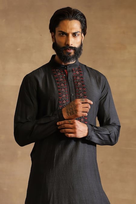 Buy_Raghavendra Rathore Jodhpur_Black Raw Silk Embellished Yoke Kurta_Online_at_Aza_Fashions