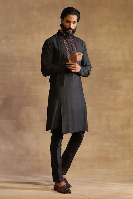 Shop_Raghavendra Rathore Jodhpur_Black Raw Silk Embellished Yoke Kurta_Online_at_Aza_Fashions