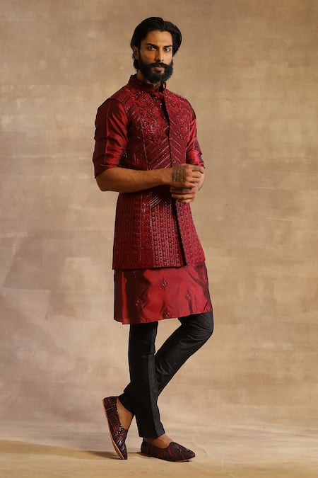 Buy_Raghavendra Rathore Jodhpur_Maroon Raw Silk Floral, Geometric Long Embroidered Waistcoat_Online_at_Aza_Fashions