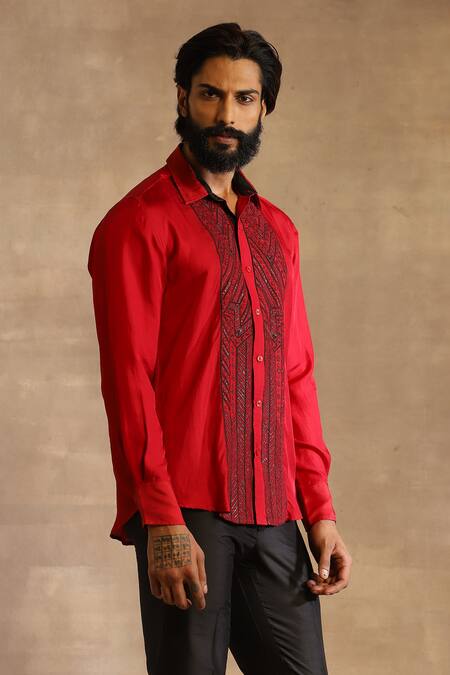 Buy_Raghavendra Rathore Jodhpur_Red Silk Embroidered Geometric Pattern Shirt _Online_at_Aza_Fashions