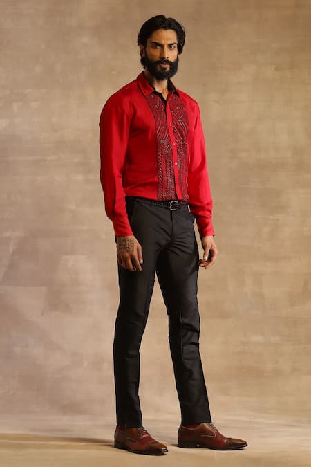 Shop_Raghavendra Rathore Jodhpur_Red Silk Embroidered Geometric Pattern Shirt _Online_at_Aza_Fashions