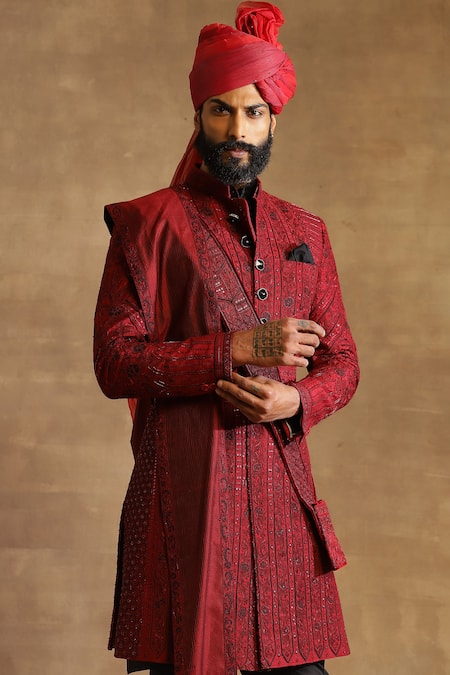 Raghavendra Rathore Jodhpur_Maroon Raw Silk Floral Pattern Embroidered Achkan _Online_at_Aza_Fashions