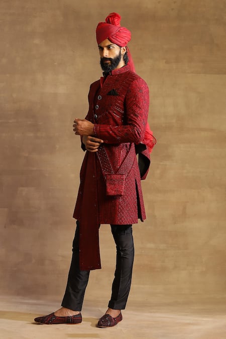 Buy_Raghavendra Rathore Jodhpur_Maroon Raw Silk Floral Pattern Embroidered Achkan _Online_at_Aza_Fashions