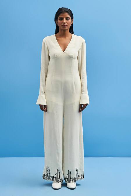 Siddhant Agrawal_Off White Cotton Embroidery V-neck Chrysler Jumpsuit With Belt _Online_at_Aza_Fashions