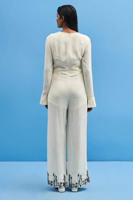 Buy_Siddhant Agrawal_Off White Cotton Embroidery V-neck Chrysler Jumpsuit With Belt _Online_at_Aza_Fashions