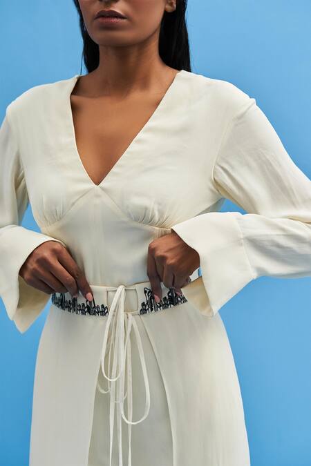 Shop_Siddhant Agrawal_Off White Cotton Embroidery V-neck Chrysler Jumpsuit With Belt _Online_at_Aza_Fashions