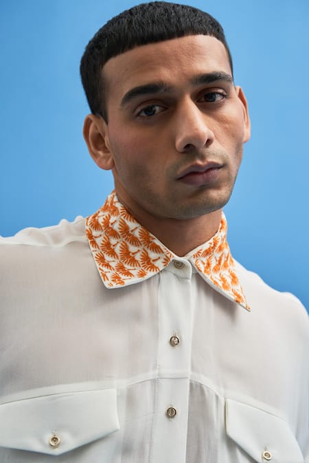 Shop_Siddhant Agrawal_Off White Cotton Georgette Crane Collared Shirt_Online_at_Aza_Fashions