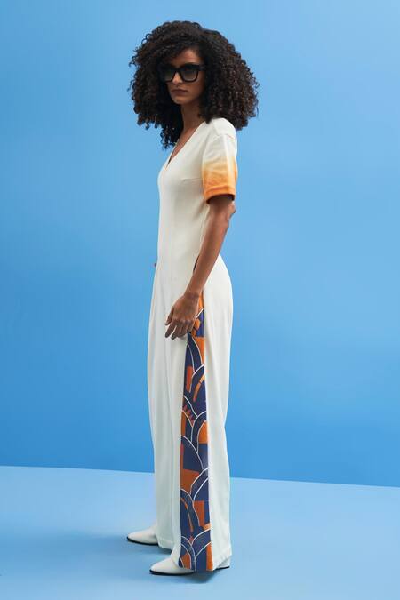 Siddhant Agrawal_Off White Cotton Embroidery V-neck Jumpsuit _Online_at_Aza_Fashions