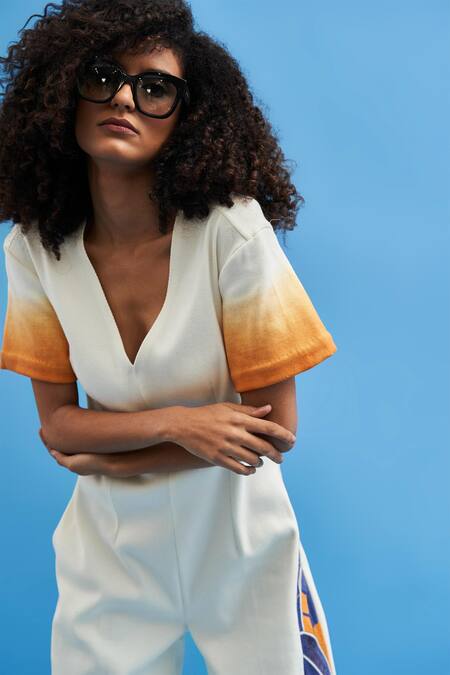 Shop_Siddhant Agrawal_Off White Cotton Embroidery V-neck Jumpsuit _Online_at_Aza_Fashions