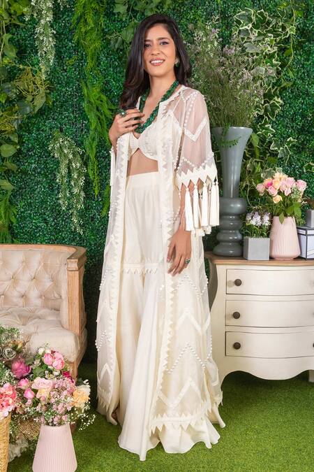 Ohaila Khan_Off White Chanderi, Organza Lace, Pearls, Skikha Embroidered Cape Sharara Set _Online_at_Aza_Fashions