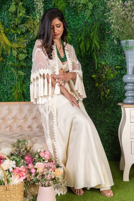 Buy_Ohaila Khan_Off White Chanderi, Organza Lace, Pearls, Skikha Embroidered Cape Sharara Set _Online_at_Aza_Fashions