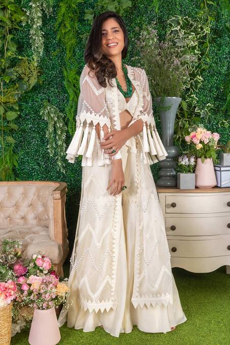 Ohaila Khan_Off White Chanderi, Organza Lace, Pearls, Skikha Embroidered Cape Sharara Set _at_Aza_Fashions