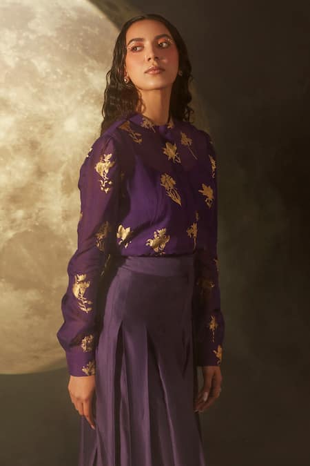 Dohr India Purple Organza, Silk, Cotton Foil Printing, Embroidery Printed Shirt And Pant Set Online at Aza Fashions Dohr India_Purple Organza, Silk, Cotton Foil Printing, Embroidery Printed Shirt And Pant Set _Online_at_Aza_Fashions