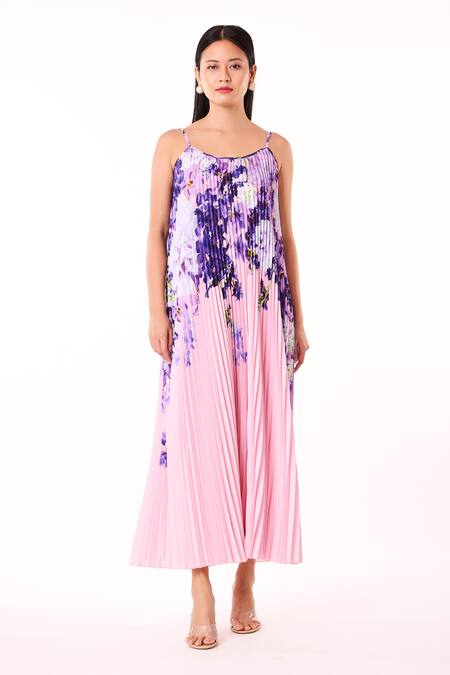 Scarlet Sage_Pink Polyester Embroidery Scoop Neck Olivia Floral Pattern Accordion Dress_Online_at_Aza_Fashions