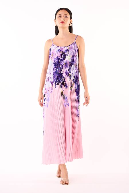 Shop_Scarlet Sage_Pink Polyester Embroidery Scoop Neck Olivia Floral Pattern Accordion Dress_Online_at_Aza_Fashions