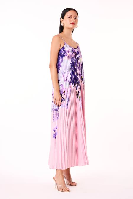 Scarlet Sage_Pink Polyester Embroidery Scoop Neck Olivia Floral Pattern Accordion Dress_at_Aza_Fashions