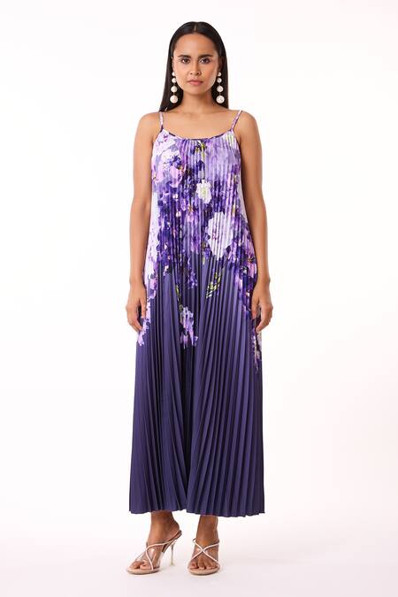 Shop_Scarlet Sage_Blue Polyester Scoop Neck Olivia Accordion Floral Pattern Dress_Online_at_Aza_Fashions