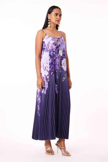 Scarlet Sage_Blue Polyester Scoop Neck Olivia Accordion Floral Pattern Dress_at_Aza_Fashions