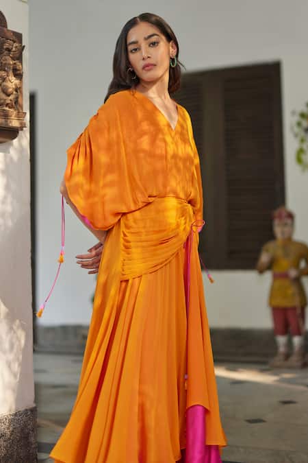 Betrue_Orange Georgette, Modal V-neck Solid Gathered Maxi Dress _Online_at_Aza_Fashions
