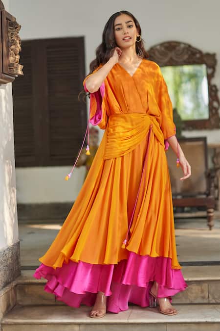 Buy_Betrue_Orange Georgette, Modal V-neck Solid Gathered Maxi Dress _Online_at_Aza_Fashions