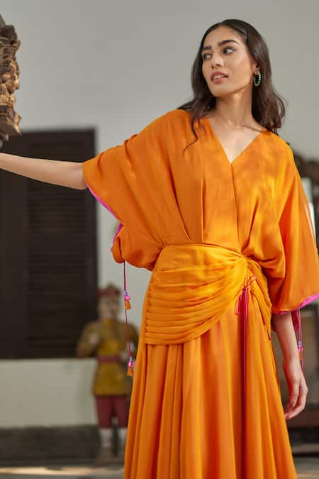 Shop_Betrue_Orange Georgette, Modal V-neck Solid Gathered Maxi Dress _Online_at_Aza_Fashions