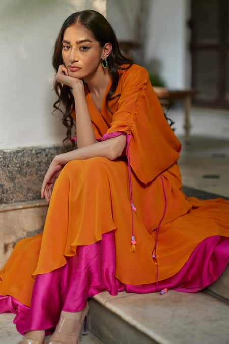 Betrue_Orange Georgette, Modal V-neck Solid Gathered Maxi Dress _at_Aza_Fashions