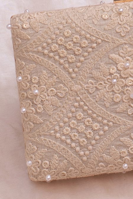Buy_Amyra_Beige Embroidery, Pearls Oyster Clutch_Online_at_Aza_Fashions