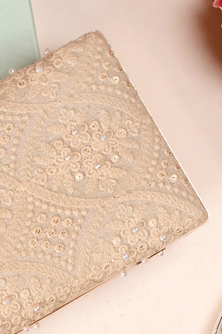 Buy_Amyra_Beige Embroidery, Pearls Oyster Clutch