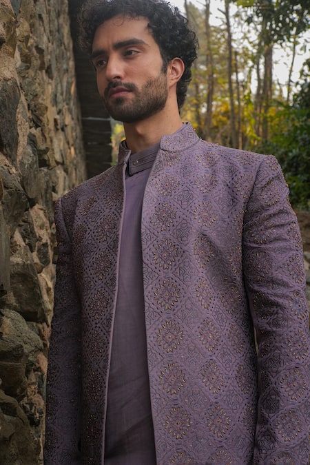 Jatin Malik Purple Linen, Silk Embroidery Jamawar Sherwani Set Online at Aza Fashions Jatin Malik_Purple Linen, Silk Embroidery Jamawar Sherwani Set _Online_at_Aza_Fashions