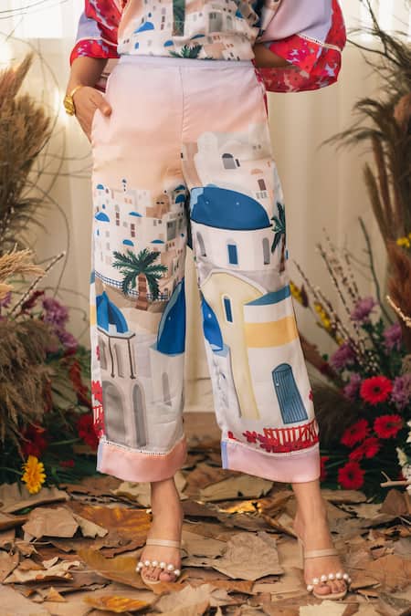 House Of Fett_Multi Color Satin City Landscape Collared Neck Oia Print Kaftan And Pant Set _at_Aza_Fashions