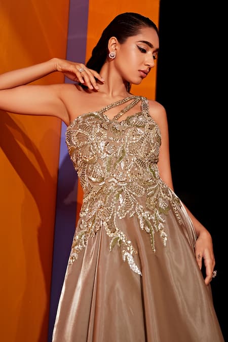 Roqa_Grey Organza Sequins, Cut Work, Stones Asymmetric Bodice Embroidered Gown _Online_at_Aza_Fashions