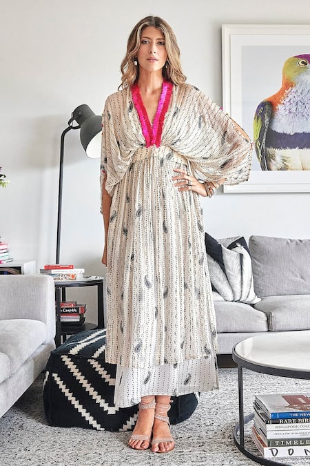 Style Junkiie_Black Chiffon V-neck Printed Cape Duster Dress _at_Aza_Fashions