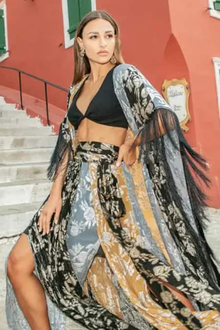 Buy_Style Junkiie_Black Georgette Embroidery Patchwork Wrap Skirt _Online_at_Aza_Fashions